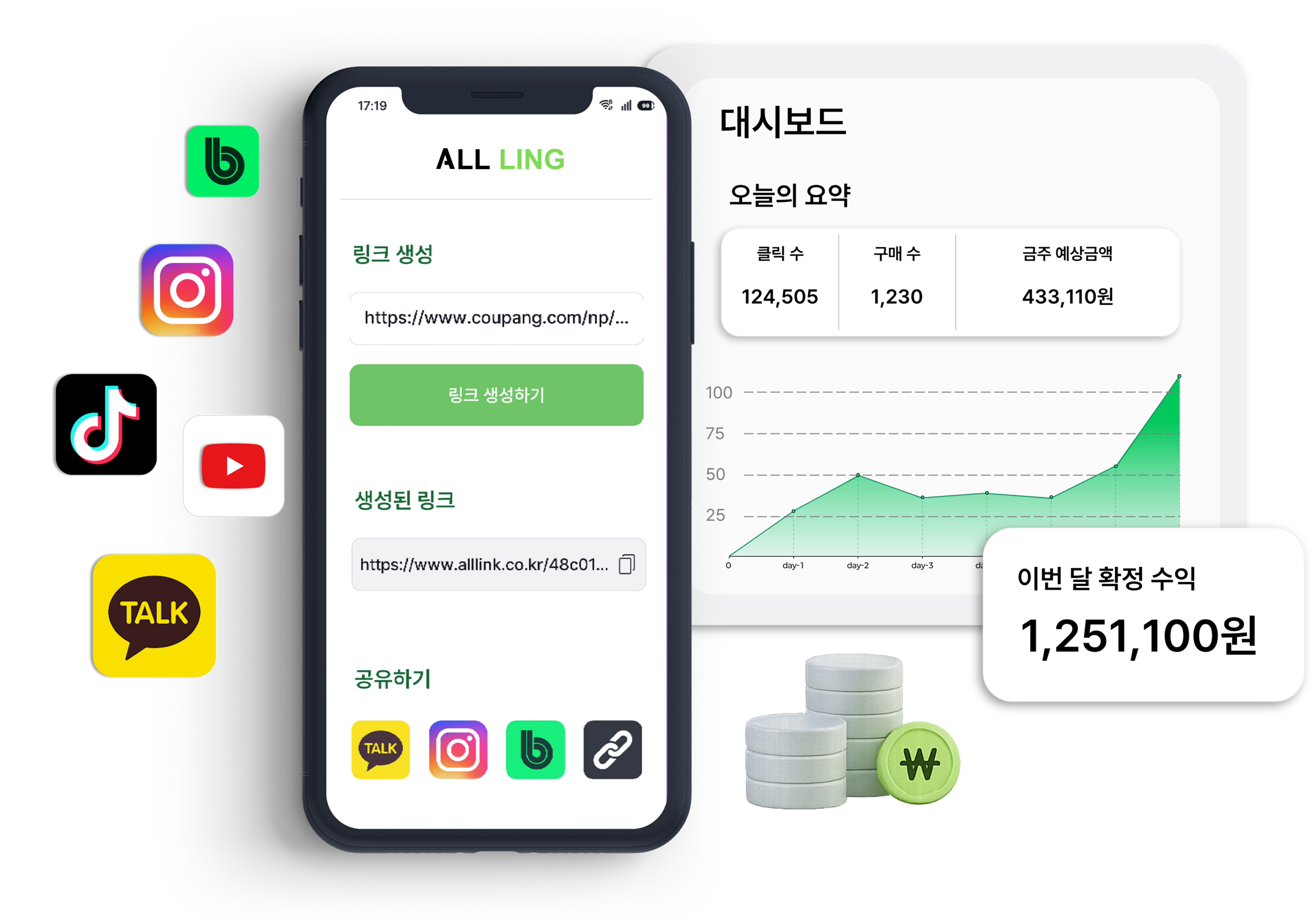 올링 서비스 대시보드 및 앱 화면